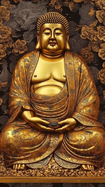 Una statua di Buddha con uno sfondo fiorito.