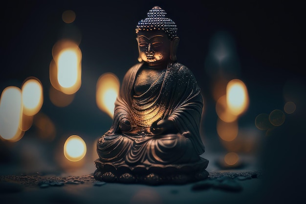 Una statua di Buddha davanti a uno sfondo di luci