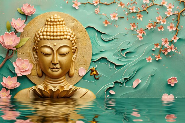 una statua di Buddha è circondata da fiori e foglie