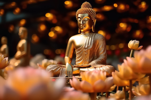 Una statua di Buddha e un loto acquatico si trovano vicino a fiori su uno sfondo bokeh