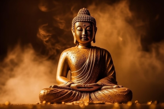 Una statua di Buddha si trova di fronte a uno sfondo scuro.