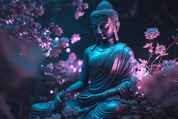 Una statua di Buddha si trova in un giardino con fiori sullo sfondo.