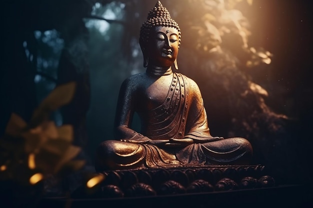 Una statua di Buddha si trova in una foresta oscura.