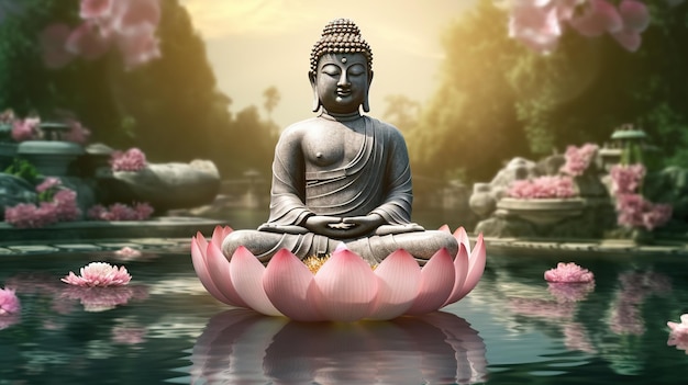Una statua di Buddha si trova in uno stagno con fiori di loto sullo sfondo