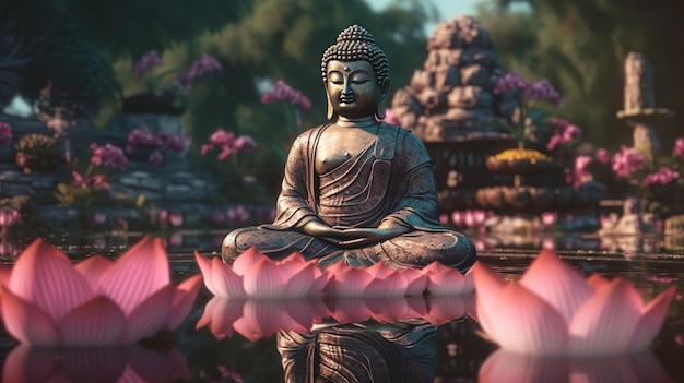 Una statua di Buddha si trova in uno stagno con fiori di loto sullo sfondo