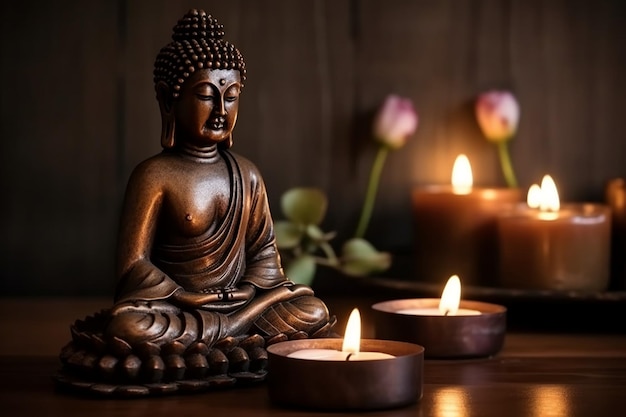 Una statua di buddha siede davanti a candele con rose rosa sullo sfondo.