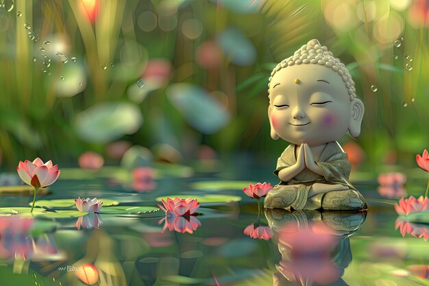 una statua di Buddha siede nell'acqua con dei fiori