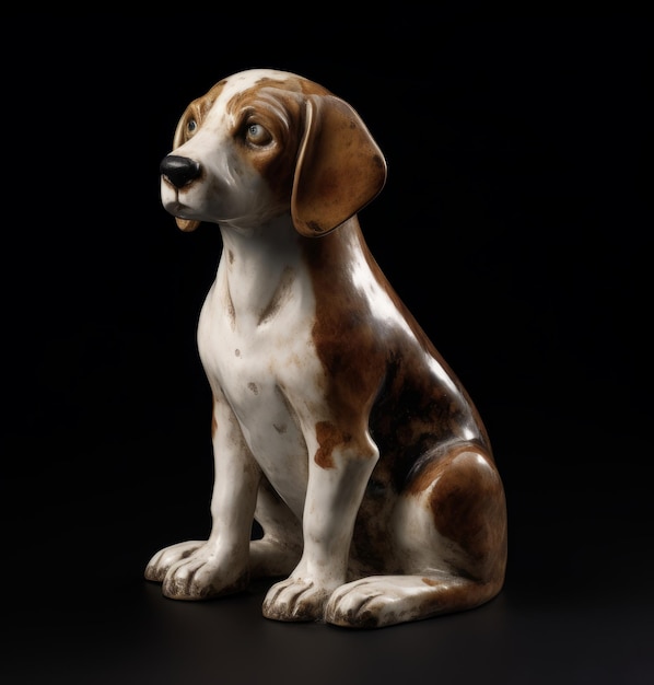 Una statua di cane in ceramica con sfondo nero e la scritta "cane" sul davanti.