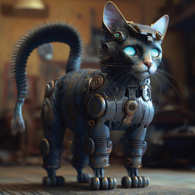 Una statua di gatto con gli occhi azzurri e il corpo di un robot.