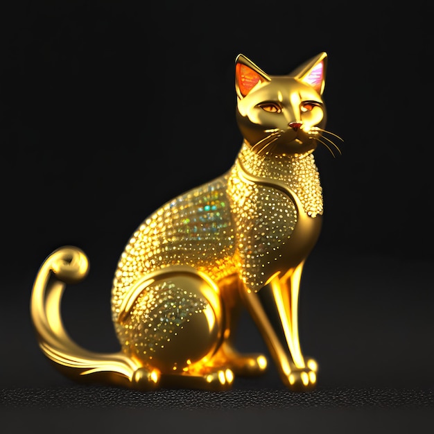 Una statua di gatto d'oro è seduta su uno sfondo nero