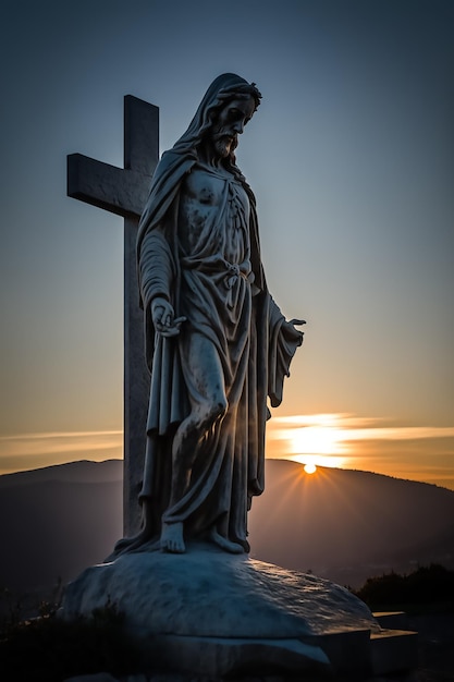 Una statua di Gesù si trova di fronte a un tramonto.