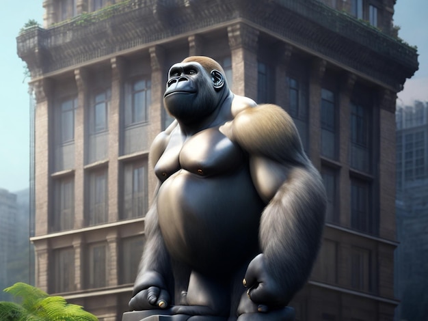 Una statua di gorilla si trova di fronte a un edificio con un edificio sullo sfondo.