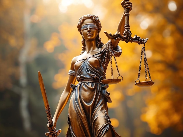 Una statua di Lady Justice che tiene una scala e una spada