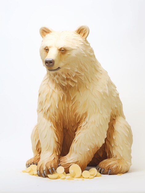 Una statua di orso con uno sfondo bianco e un orso bruno sul fondo.