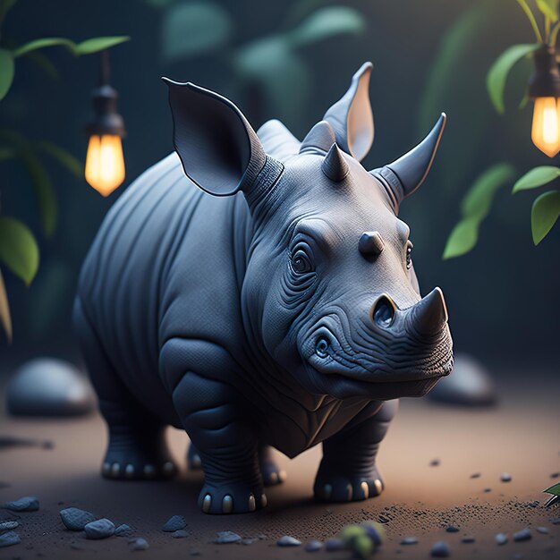 Una statua di rinoceronte è mostrata in una scena buia con luci sullo sfondo.