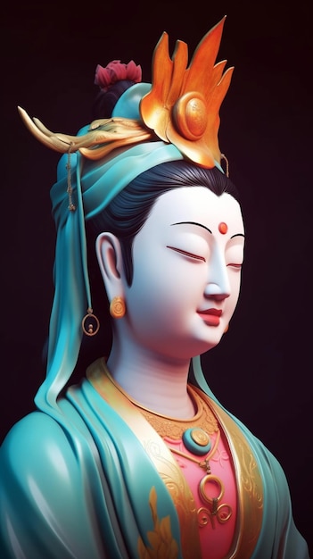 Una statua di un Buddha con la testa blu e gioielli d'oro.