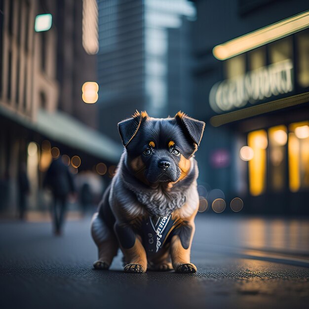 Una statua di un cane con un collare blu e un cartello giallo che dice oca d'oro.