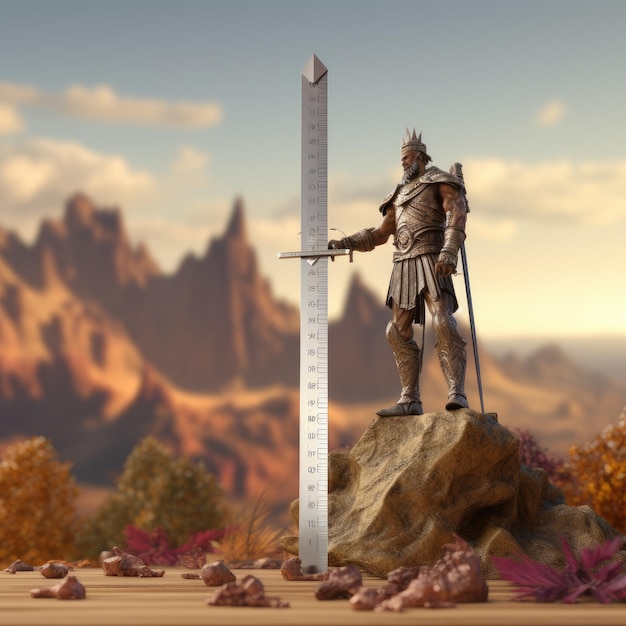 una statua di un cavaliere con una spada e una montagna sullo sfondo.