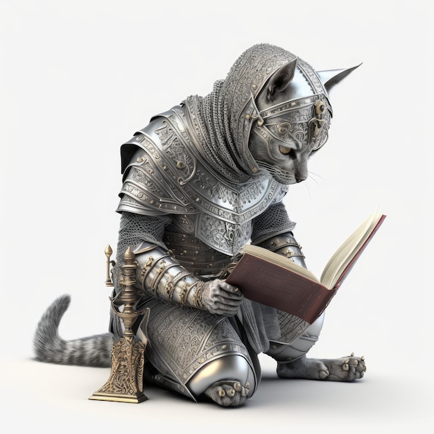 Una statua di un cavaliere con una spada e una spada che legge un libro.
