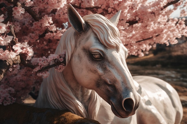 Una statua di un cavallo con fiori rosa sullo sfondo