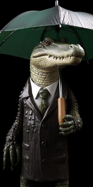 Una statua di un coccodrillo in giacca e cravatta regge un ombrello.