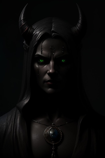 Una statua di un demone con gli occhi verdi è al buio.