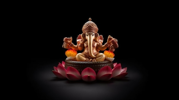 Una statua di un dio con la testa del Signore Ganesha su sfondo nero