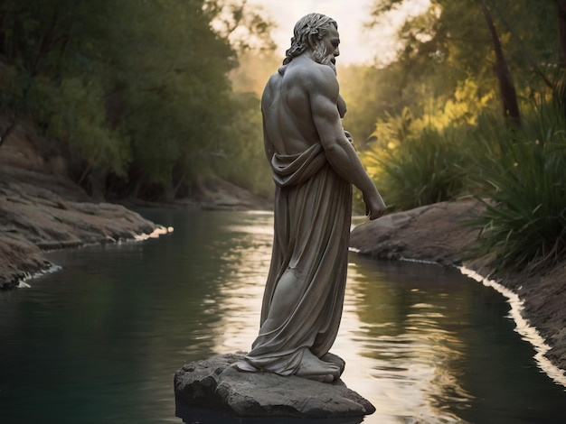 una statua di un dio è su una roccia nell'acqua
