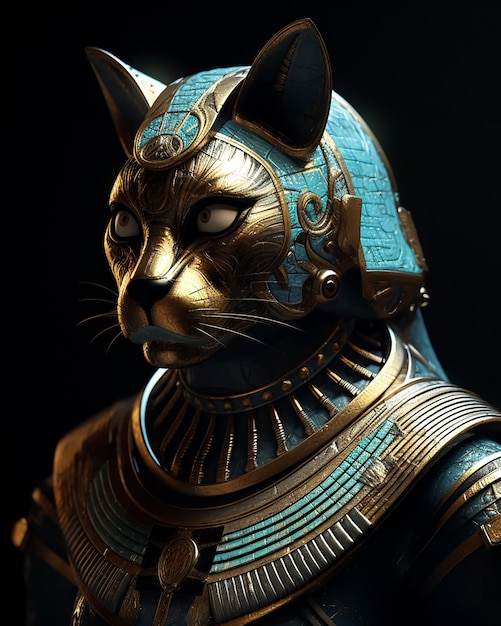 Una statua di un gatto con sopra oro e blu