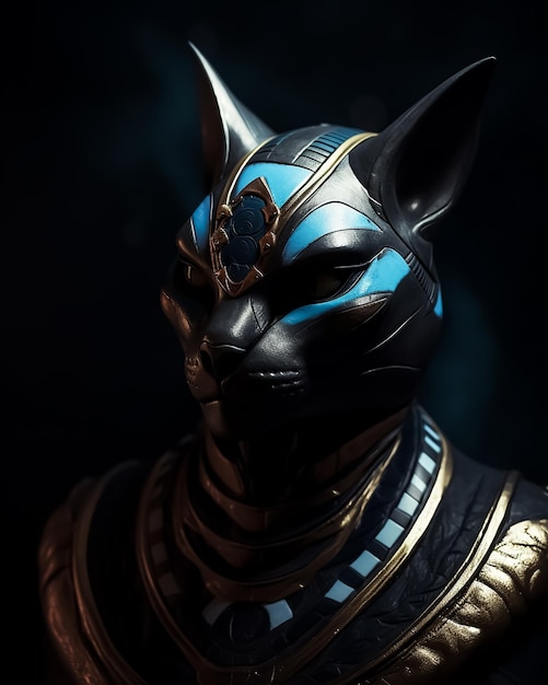 Una statua di un gatto con una maschera blu e oro