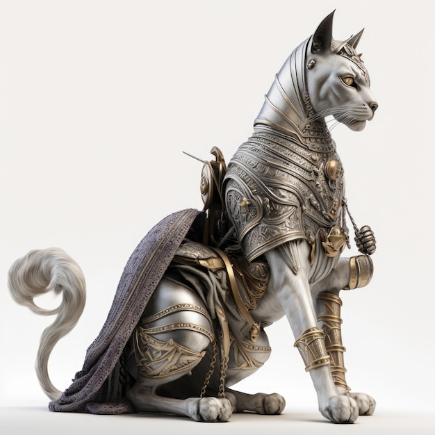 Una statua di un gatto con una spada e una spada.