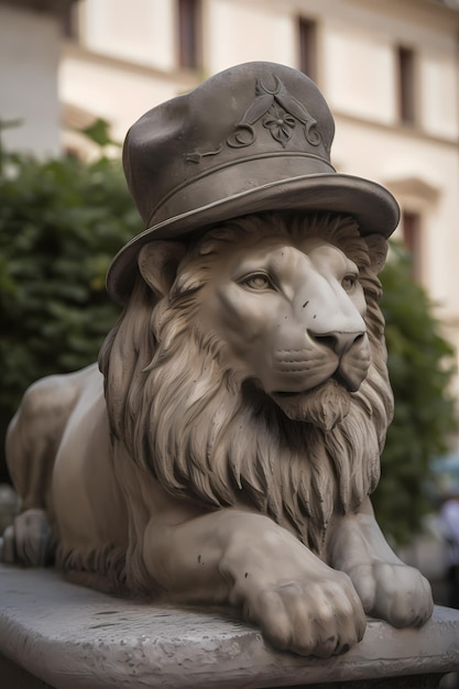 Una statua di un leone che indossa un cappello