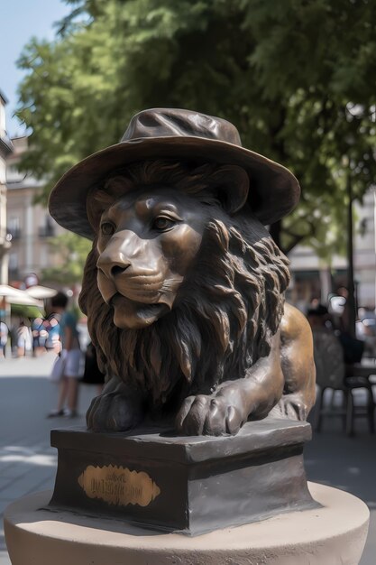 Una statua di un leone con un cappello con su scritto "leone".
