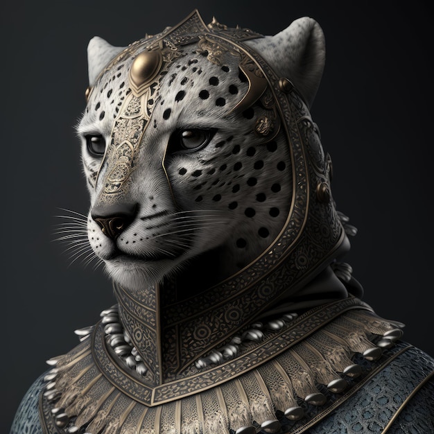 Una statua di un leopardo delle nevi che indossa una collana e una collana.