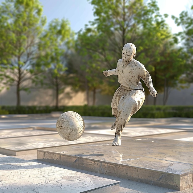 una statua di un uomo che calcia una palla da calcio in un parco