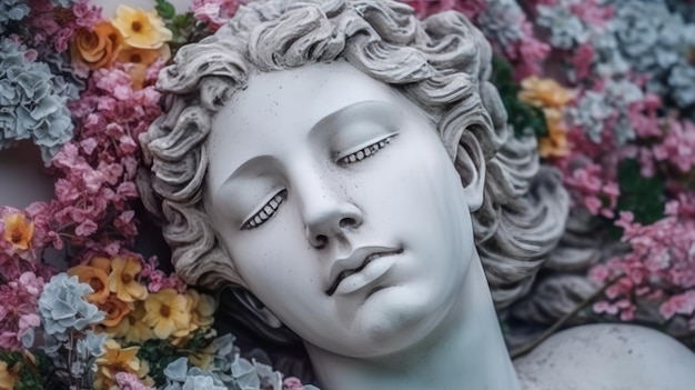 Una statua di un uomo circondato da fiori Generativo ai