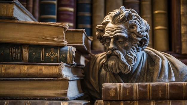 una statua di un uomo con la barba accanto a una pila di libri