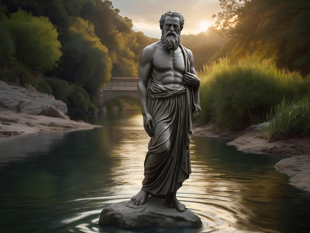 una statua di un uomo con la barba è su una pietra nell'acqua