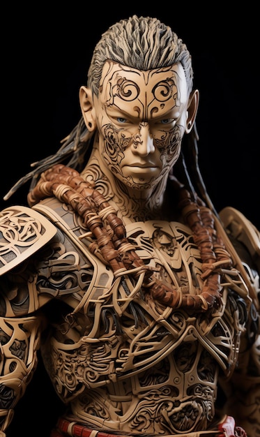 Una statua di un uomo con tatuaggi sul viso