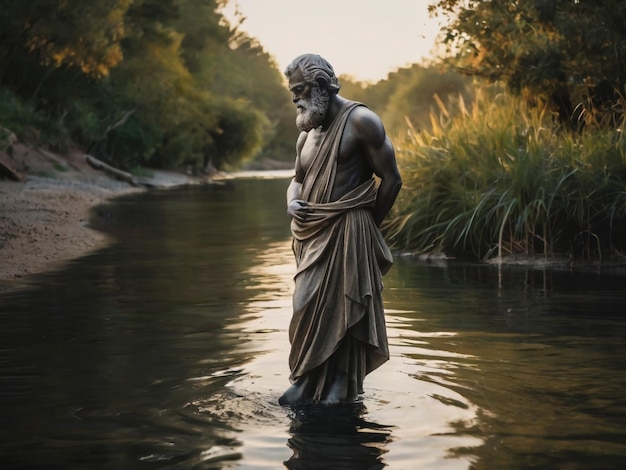 una statua di un uomo in abito è in piedi nell'acqua