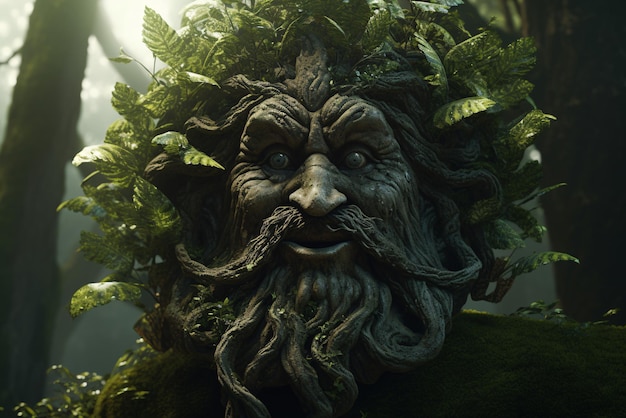 Una statua di un uomo verde in una foresta