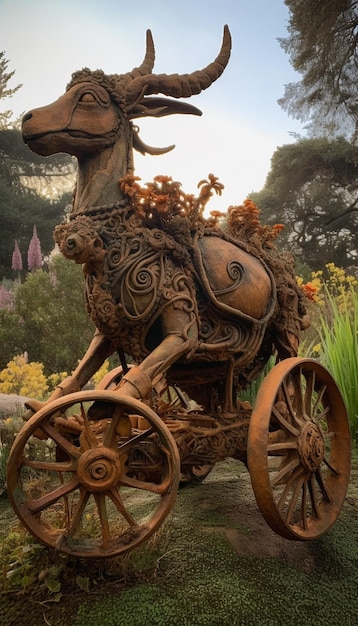 Una statua di una capra è mostrata in un giardino.