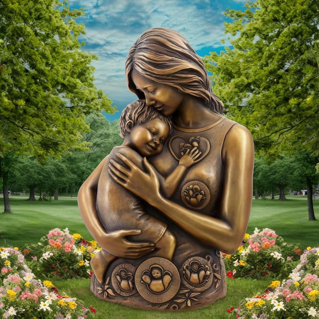 una statua di una donna che tiene un bambino in un parco