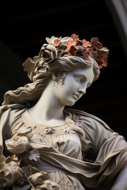 una statua di una donna con dei fiori nei capelli
