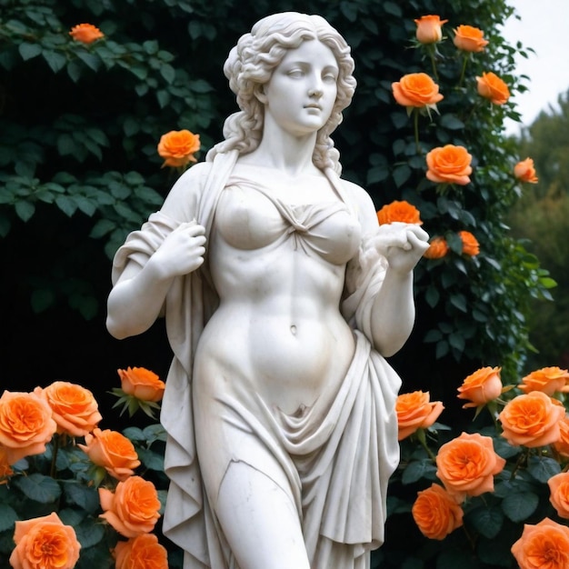 una statua di una donna con fiori sullo sfondo