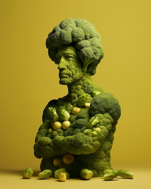 Una statua di una donna con sopra dei broccoli