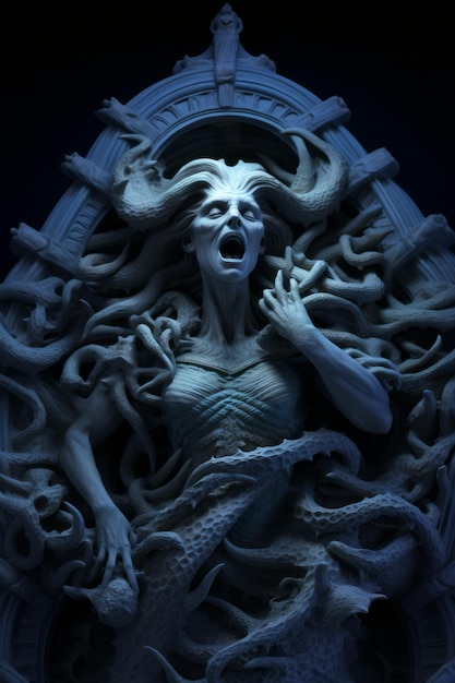 una statua di una donna con tentacoli che escono dalla testa