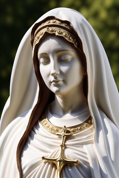 Una statua di una donna con una croce in testa si trova in un giardino.