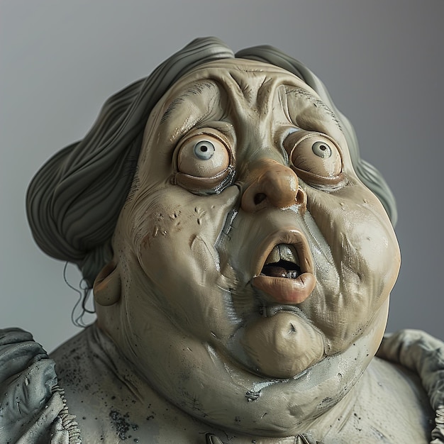 una statua di una donna con una faccia inquietante e un'espressione inquietante sul viso
