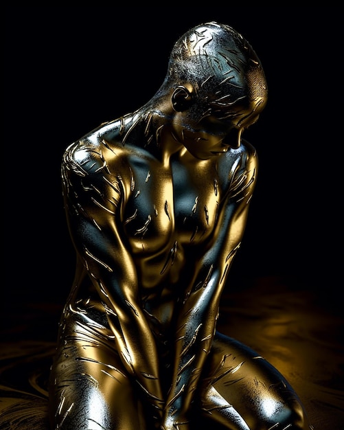 Una statua di una donna in un vestito d'oro lucido siede su uno sfondo nero